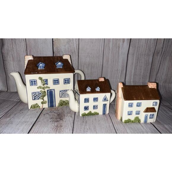 Haldon Group Blue Cream Ceramic Kitchen English Cottage Village Town Tea Set 3x - Picture 8 of 16